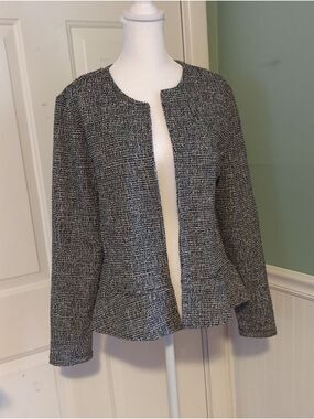 LOFT Black & White Tweed Open-Front Peplum Jacket Large Flecks Of Color